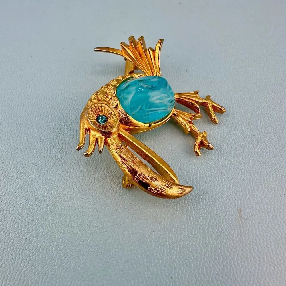 Vintage P&M Paris Bird Brooch Blue Art Glass Belly Rhinestone Eye Tube Hinge